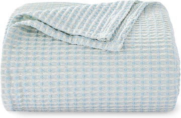 Lightweight Cotton Waffle Throw Blanket, Modern Two-Tone Check Pattern, Soft & Breathable, All Seasons - Light