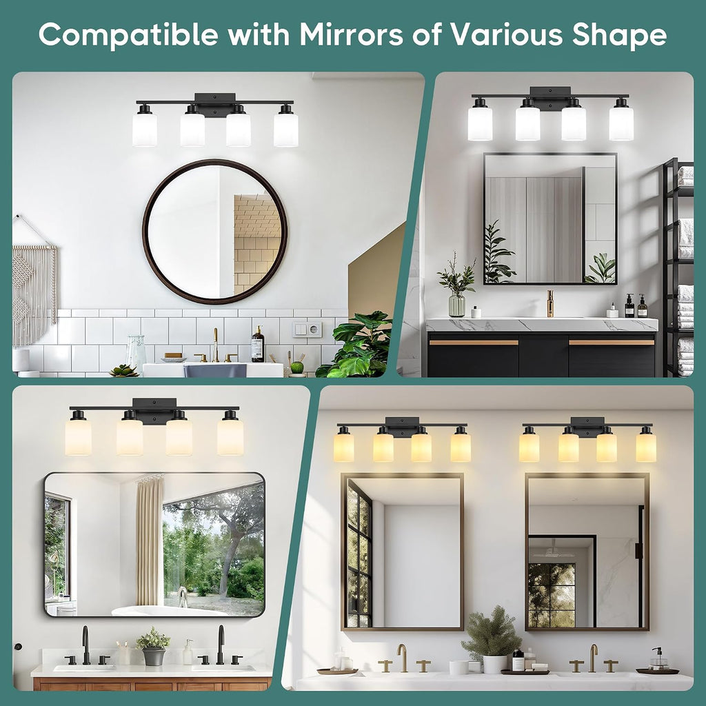 Bathroom Light Fixtures, 4-Light Vanity Light Over Mirror, Matte Black Wall Sconces with Milky White Frosted Glass