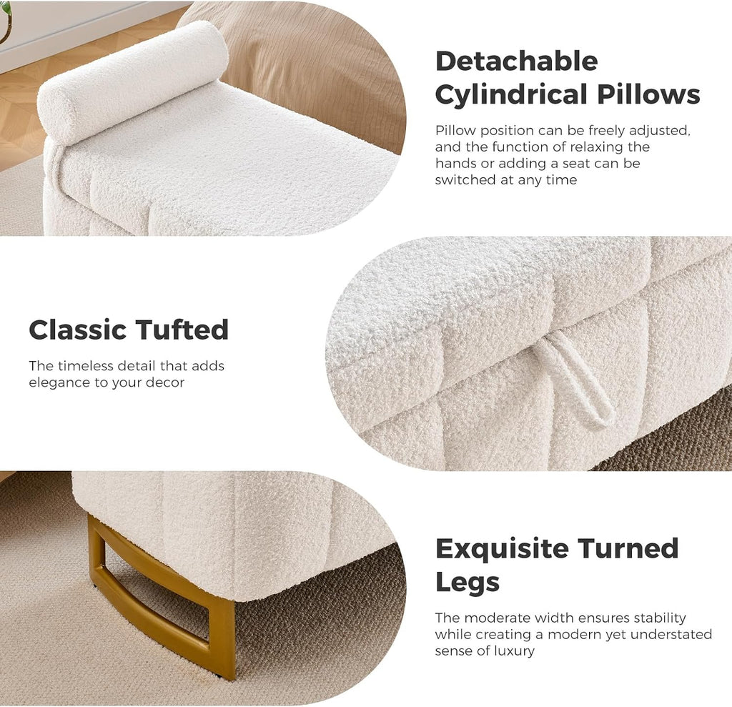 Storage Bench ,63" End of Bed Bench Foot of Bed King Cream White | Upholstered Storage Benches for Foot of Bed Modern