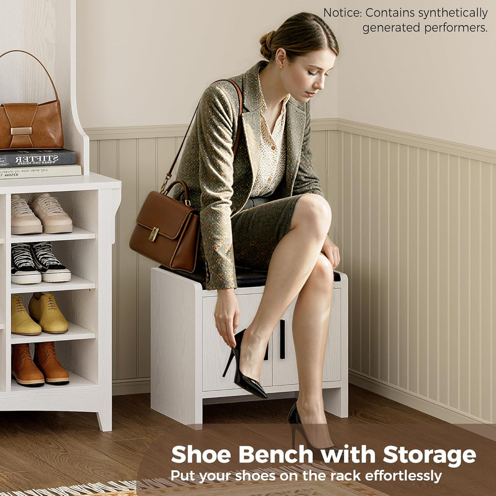 80" H 47" W Large Hall Tree with Bench and Shoe Storage, 6-in-1 Entryway Bench with Coat Rack, Adjustable Shelf