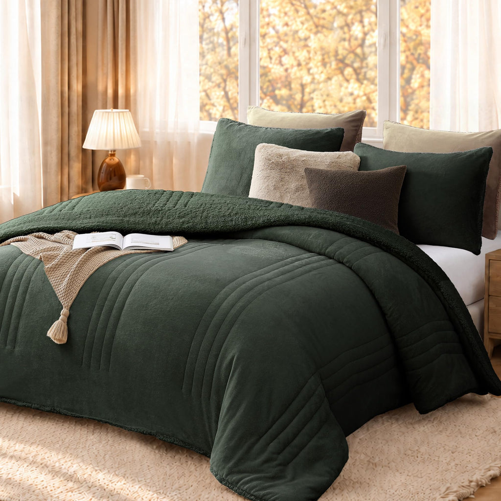Comforter Sets Sherpa Fuzzy Bedding 3 Pieces, Deep Forest