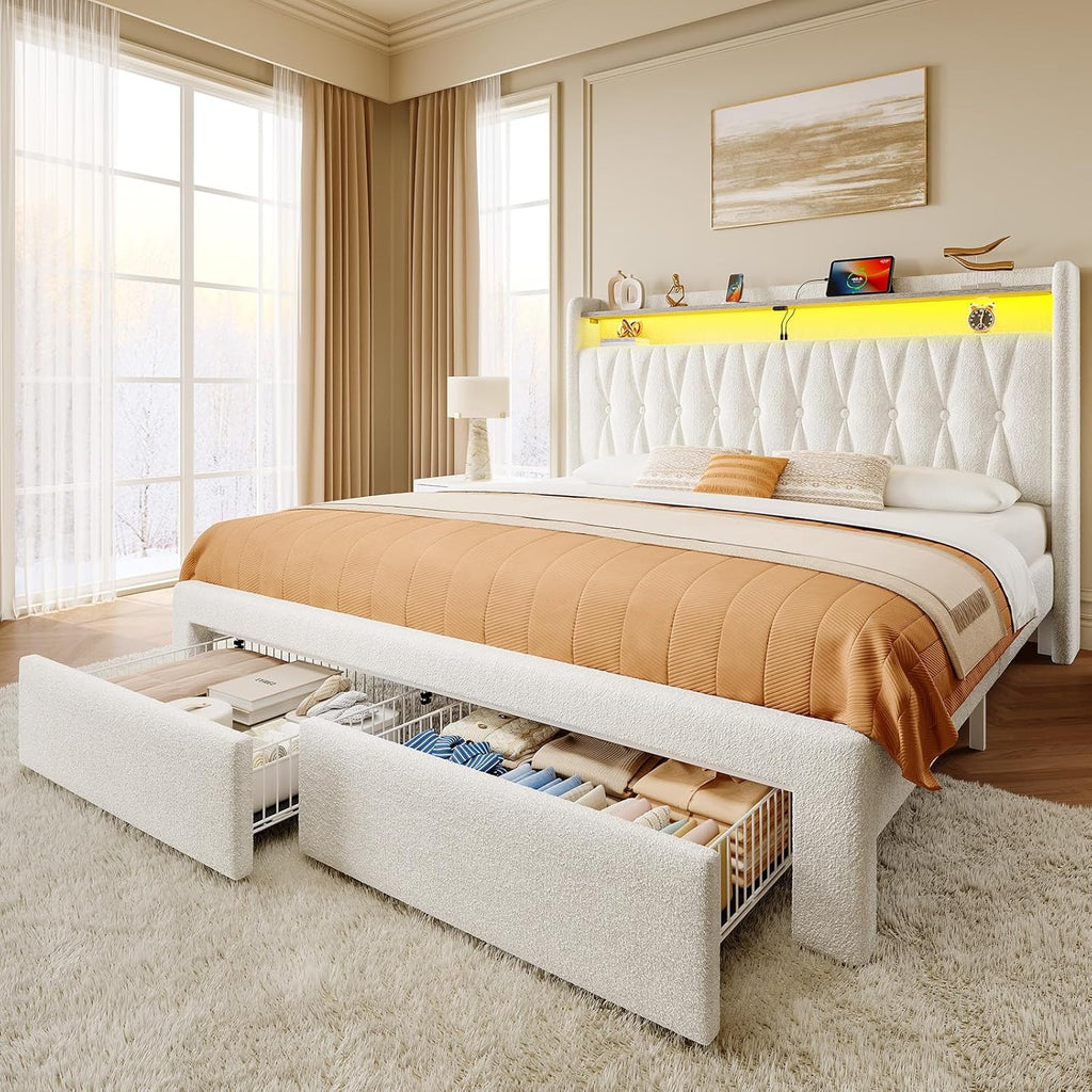 Full Bed Frame with Drawers, Storage Headboard with Charging Station and LED Lights