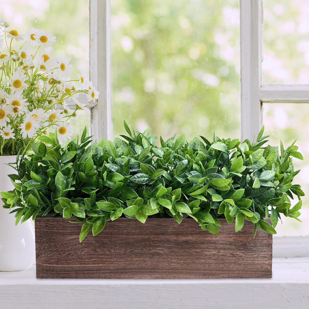 14" Artificial Boxwood Plants in Rectangular Wood Planter Farmhouse Greenery Arrangement Centerpiece Faux Potted Herb