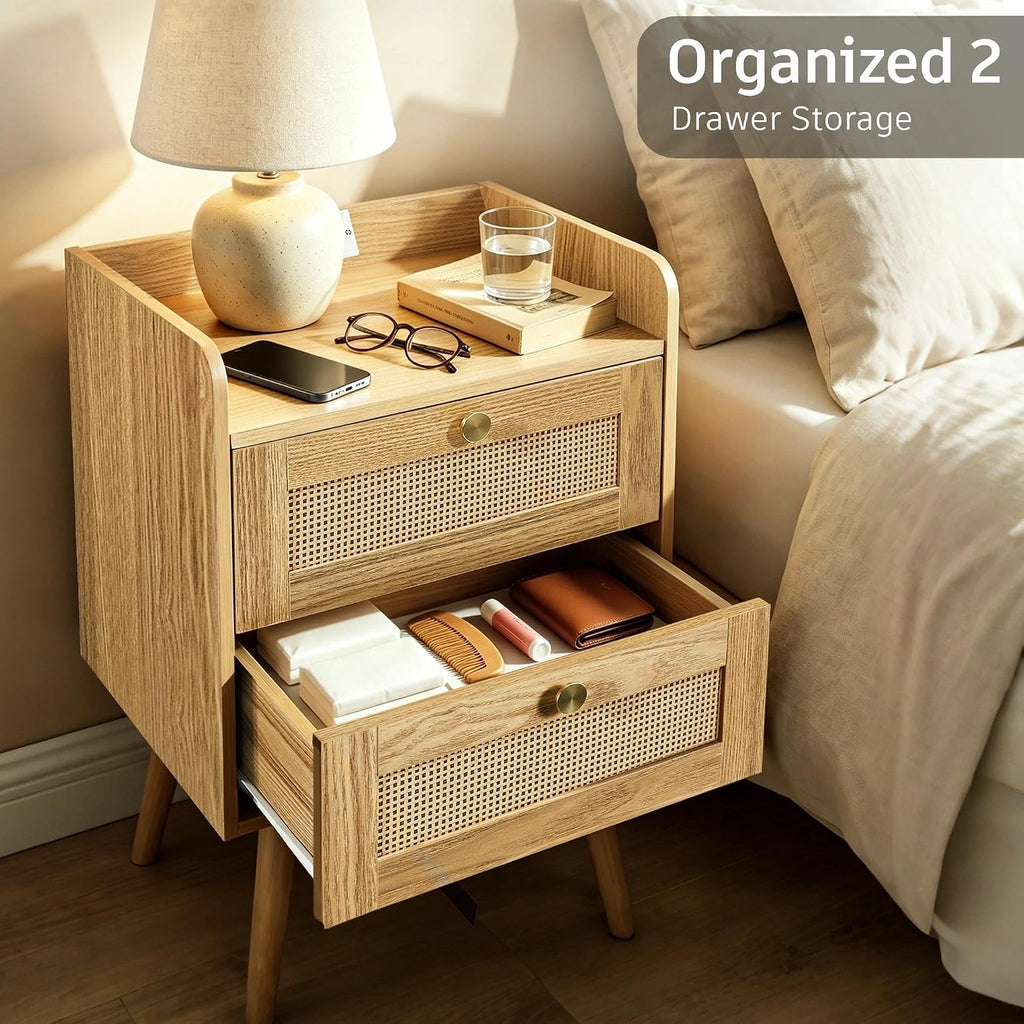Nightstands Set of 2 with Charging Station, Modern Boho Rattan Bedside Tables with 2 Drawers,Open Storage End Tables