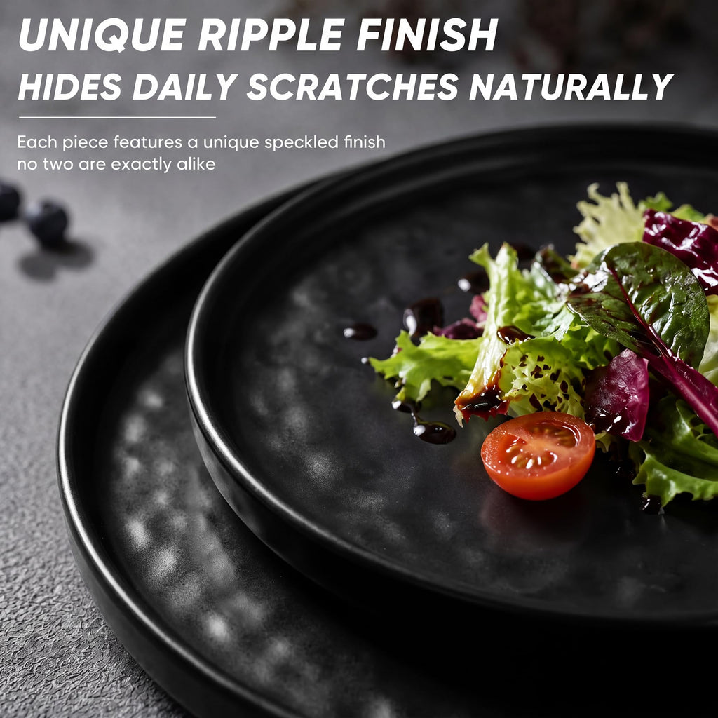 Black Plates and Bowls Sets, 12-Piece Stoneware Dinnerware Set for 4