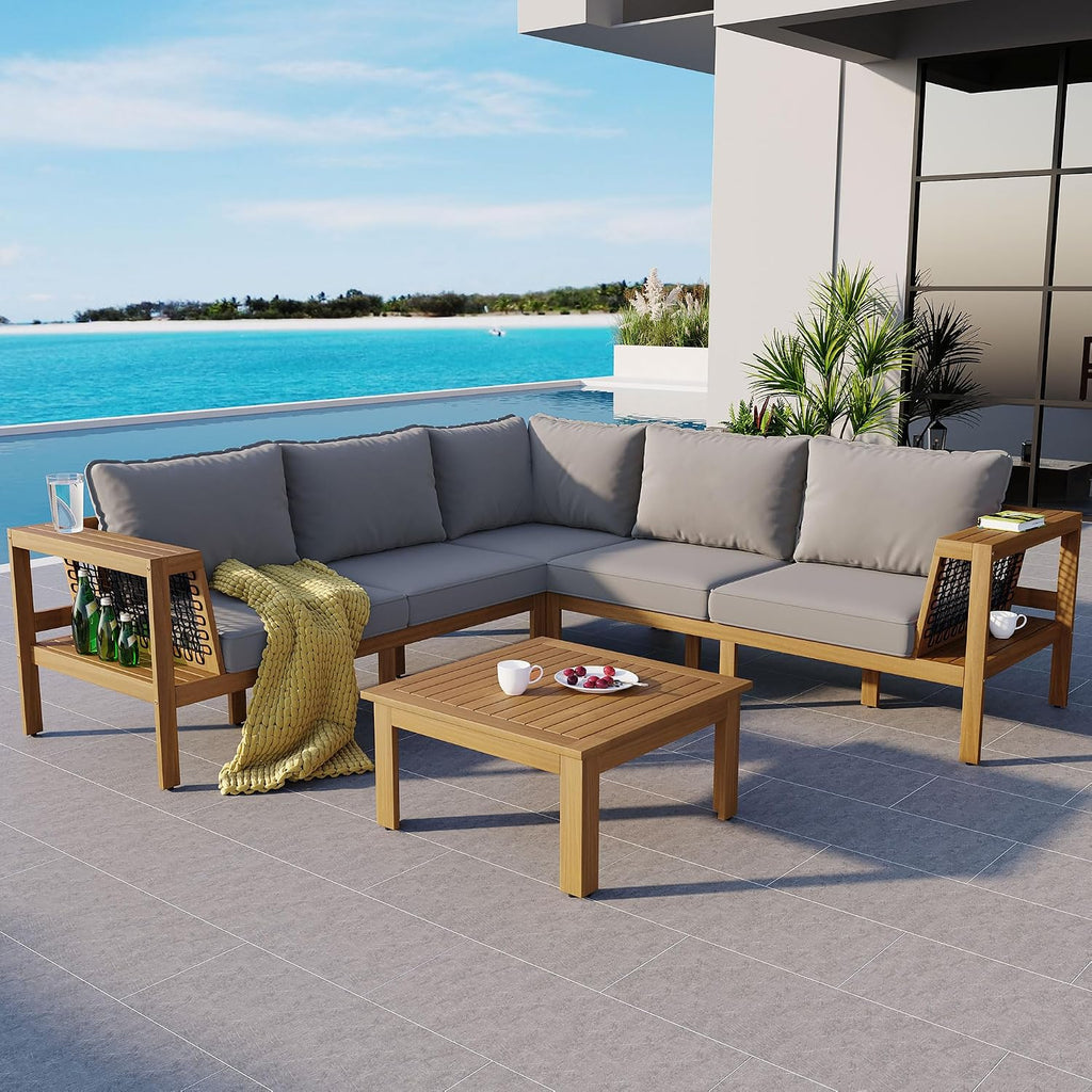 4 Pieces Patio Furniture Set, Outdoor L-Shaped Sectional Sofa Set with Coffee Table, Acacia Wood Conversation Seating