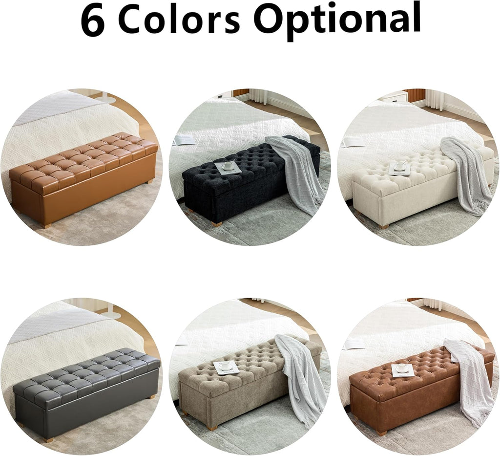 60.2" Storage Ottoman Bench Bed End,Beige Chenille Bench with Seating,Button Tufted Ottomans with Storage