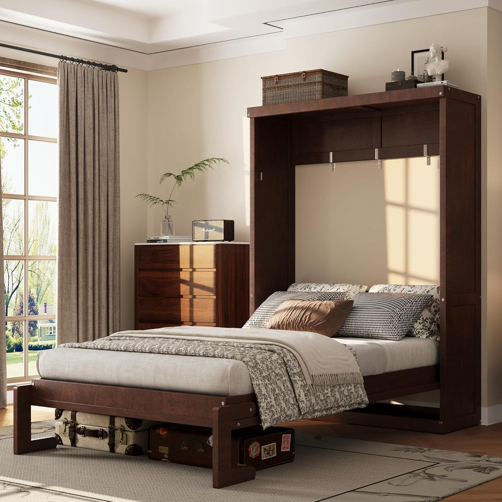 Twin Farmhouse Murphy Bed,Solid Wood Folding Vertical Murphy Wall Bed Cabinet for Bedroom Office,Space-Saving