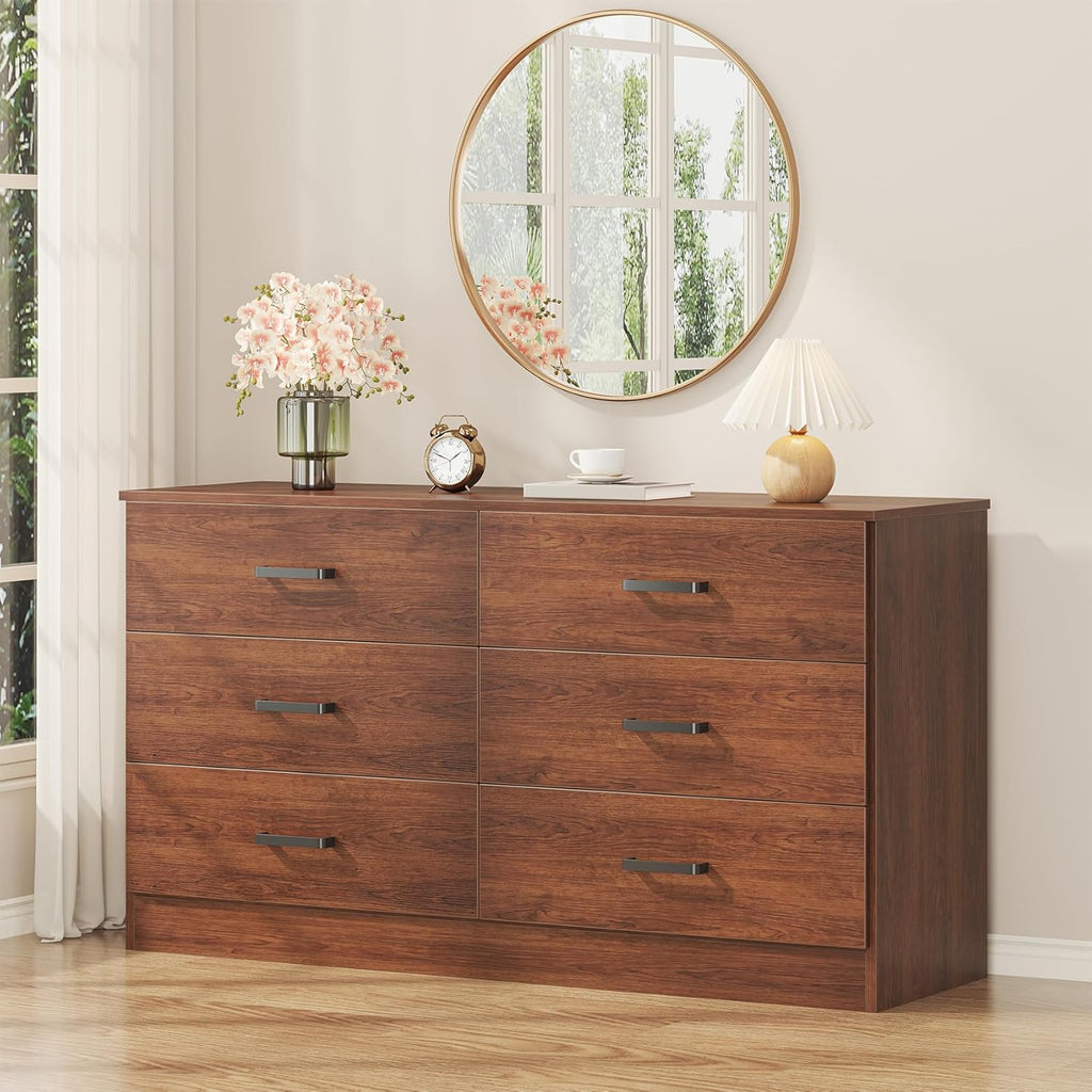 Wood Dresser , 6 Drawer Double Dresser, Mid Century Modern Chest of Drawers with Deep Drawers, Large Storage