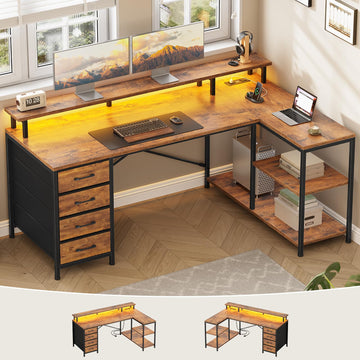L Shaped Desk with 4 Drawers, Shelves, Power Outlets, Rustic Brown