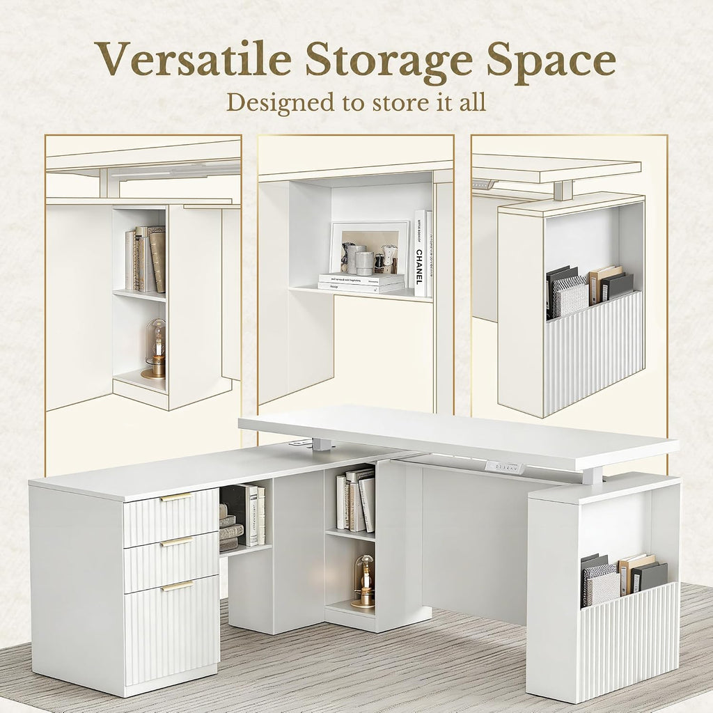 63 Inches L Shaped Standing Desk, Executive Electric Adjustable Desk with Storage Drawers and File Cabinet, AC/USB