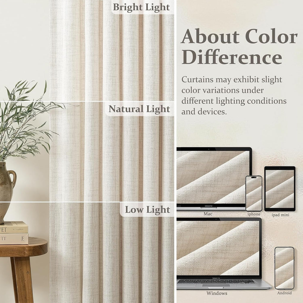Pinch Pleated Linen Viral Curtains 4 Panels Set for Living Room, Birch Memory Trained Pleat Light