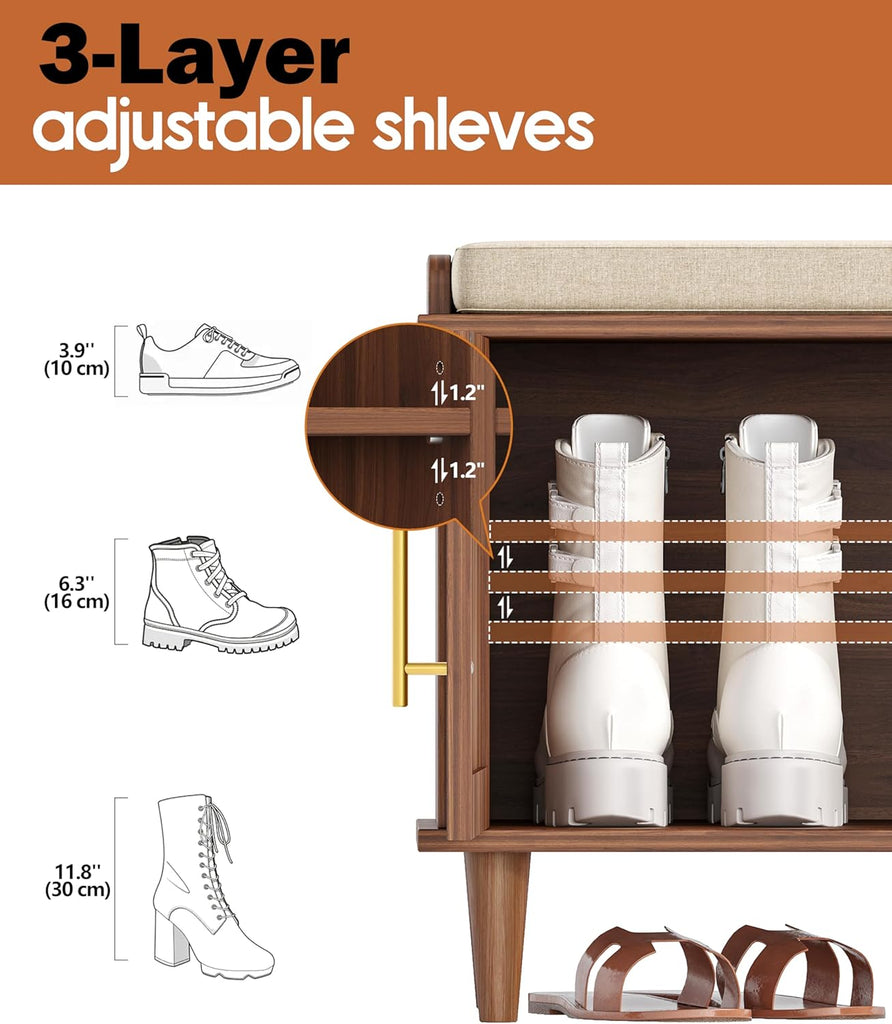 Rattan Shoe Storage Bench with Cushion, 2-Tier Entryway Bench with Adjustable Shelves and 4 Doors, 15" D x 47.2" W x