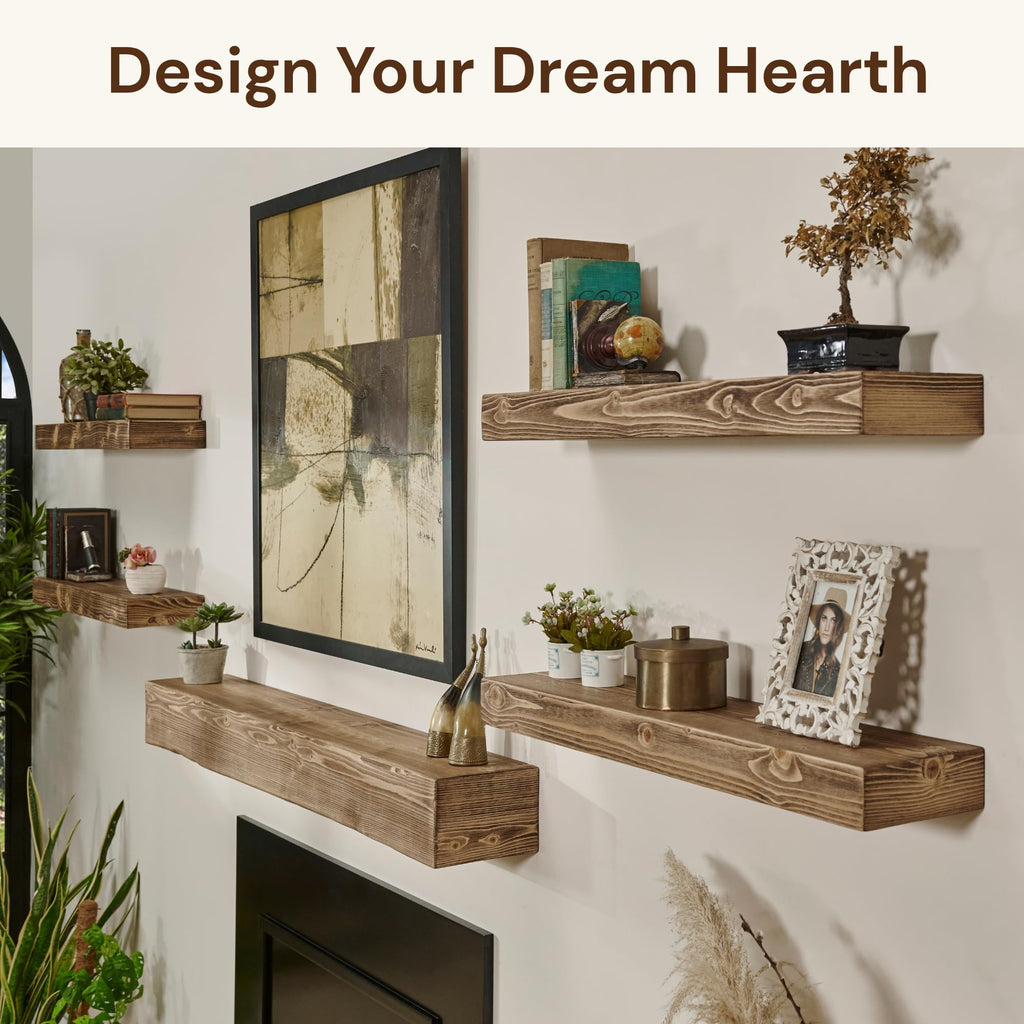 Handmade Rustic 61 Inch Fireplace Mantel Shelf, Dark Rustic 8Dx6H
