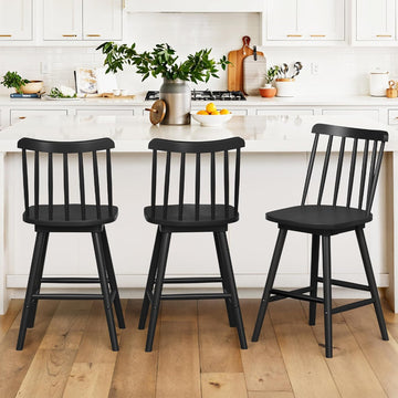 360° Swivel Bar Stools Set of 3, Black Windsor Barstools, Counter Height Barstool with Spindle Back, 24 inch