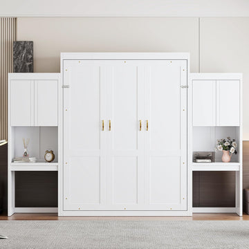 Queen Murphy Bed with Desk, Storage Cabinets, Vanity and Mirror