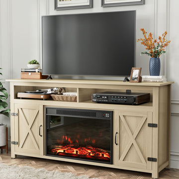 Fireplace TV Stand for Television up to 65+ Inch with Storage and Farmhouse Barn Doors, Entertainment Center with