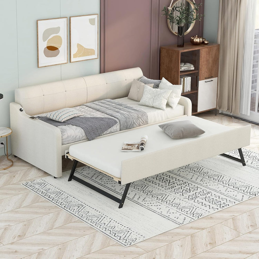 Twin Size Upholstered Daybed with Trundle and USB Charging Port, Pop-Up Trundle Flat or Elevated, Woven Fabric Day