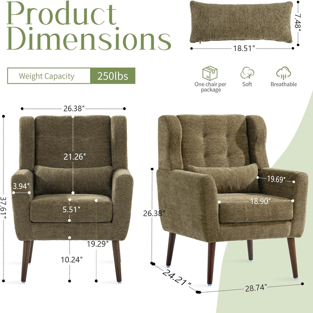 Accent Arm Chairs , Chenille Upholstered Mordern Armchair, Comfy Soft Padded Lounge Chair , Pillow, Solid Wood Leg