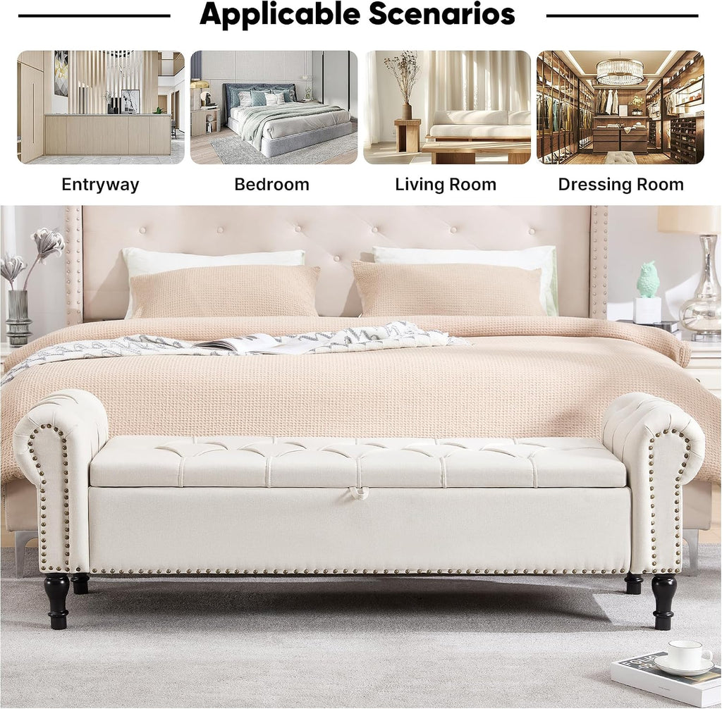 67 Inch Storage Bench , King Size End of Bed Bench, Upholstered Bench with Rolled Arms, Linen Tufted Button Storage