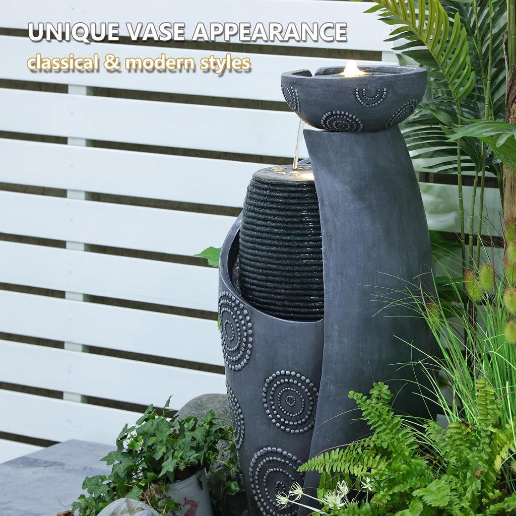 Vase Outdoor Water Fountain, 31.4''H Jar Waterfall Fountain with Warm LED Lights&Durable Pump, Porches, Home Décor