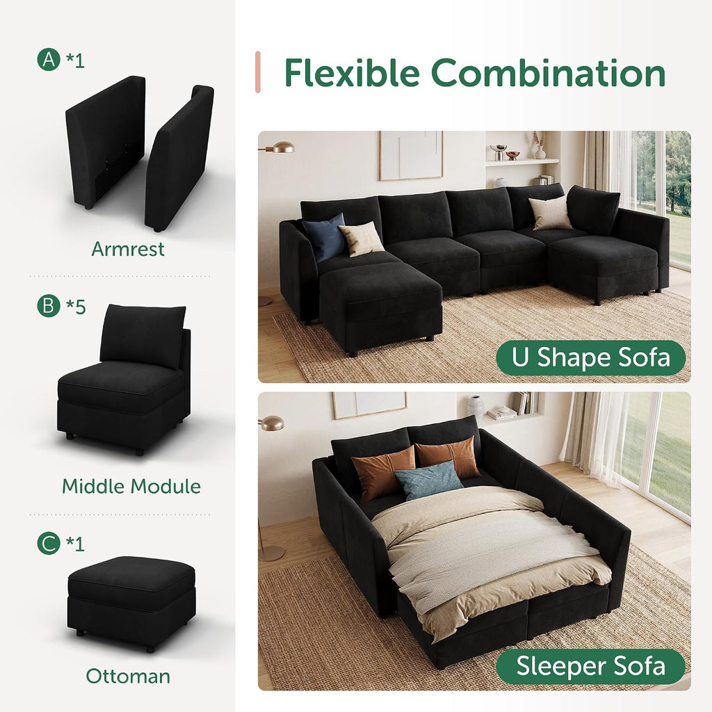 Modular Sectional Couch L Shaped Sectional Sofa with Storage Velvet Convertible Sectional Couches ,Black
