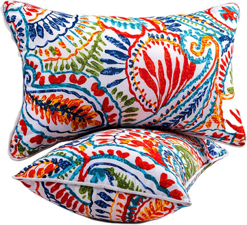 Water-Resistant Outdoor Pillows Set of 2, 12x20 inch Durable Colorful Paisley Pattern Throw Pillows with Inserts