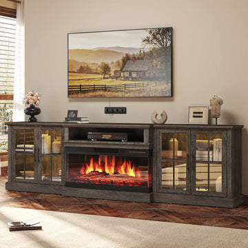98" Farmhouse TV Stand with 36" Fireplace, Gray & Black