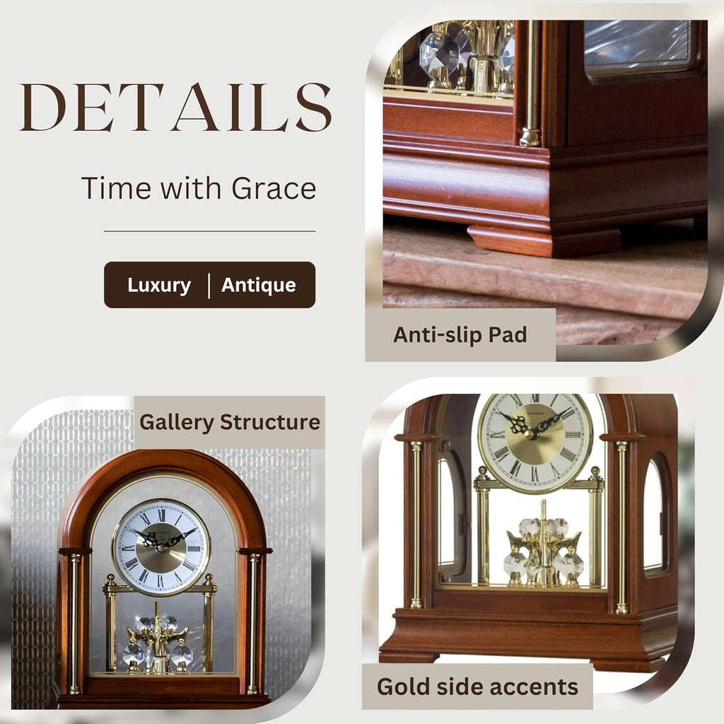 Wooden Mantel Clock TCW001DB Rotating Pendulum and Crystals Desktop Musical Hourly Chime Luxury Style for Bedroom, Home, Kitchen