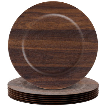 6 Pcs Faux Wood Charger Plates 13 Inch Round Rustic, Dark Brown