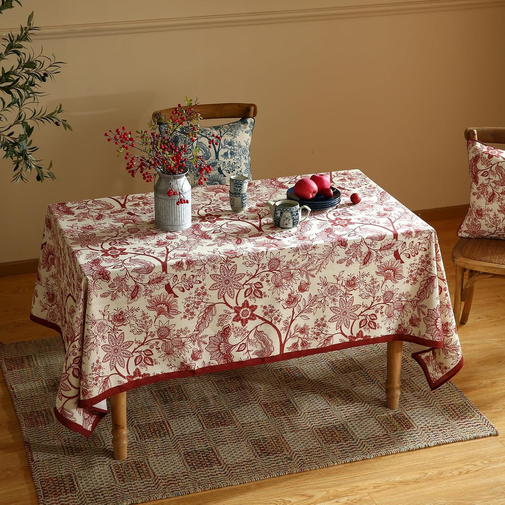 Designer French Linen Table Cloth for Rectangle Table,Red Floral Washable Indoor Tablecloth,Durable 