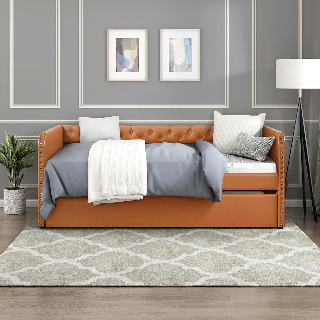 Faux Leather Daybed with Trundle, Solid Wood Frame, Nailhead Trim, Wood Slat Support, Button Tufted Trundle Day Bed