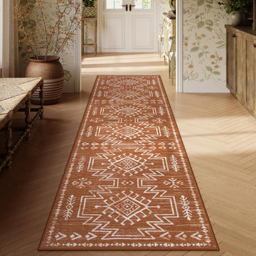 Vivienne Orange Hallway Runner Rug Non Slip, Boho Washable Western Runner Rug, Stain Resistant Aztec