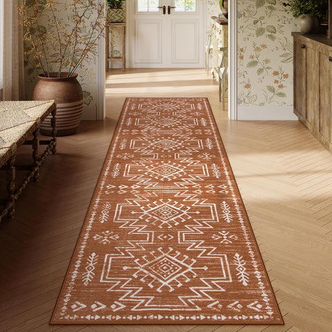 Vivienne Orange Hallway Runner Rug Non Slip, Boho Washable Western Runner Rug, Stain Resistant Aztec