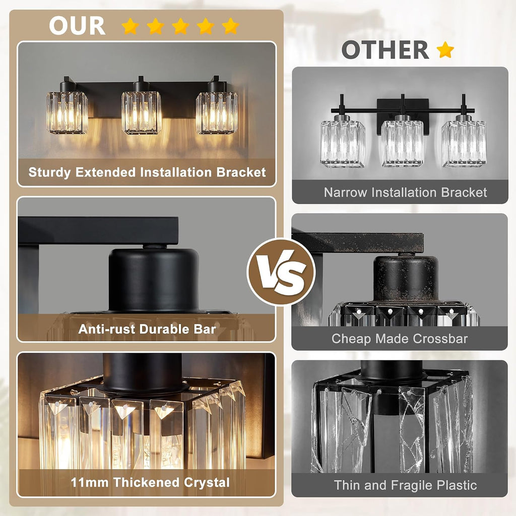 Modern Bathroom Vanity Light, 3-Light K9 Crystal Bathroom Lighting Fixtures Over Mirror, Black Vanity Light with