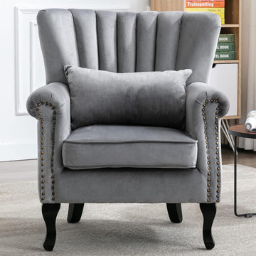 Mid Century Modern Accent Chair Upholstered Armchair Comfy Velvet Fabric Single Sofa with Lined Wingback for Small