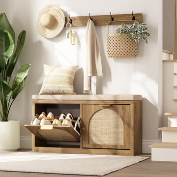 Rattan Narrow Entryway Bench with Shoe Storage, 2 Flip Drawers & Coat Rack, Mid-Century Modern Wood Shoe Cabinet with