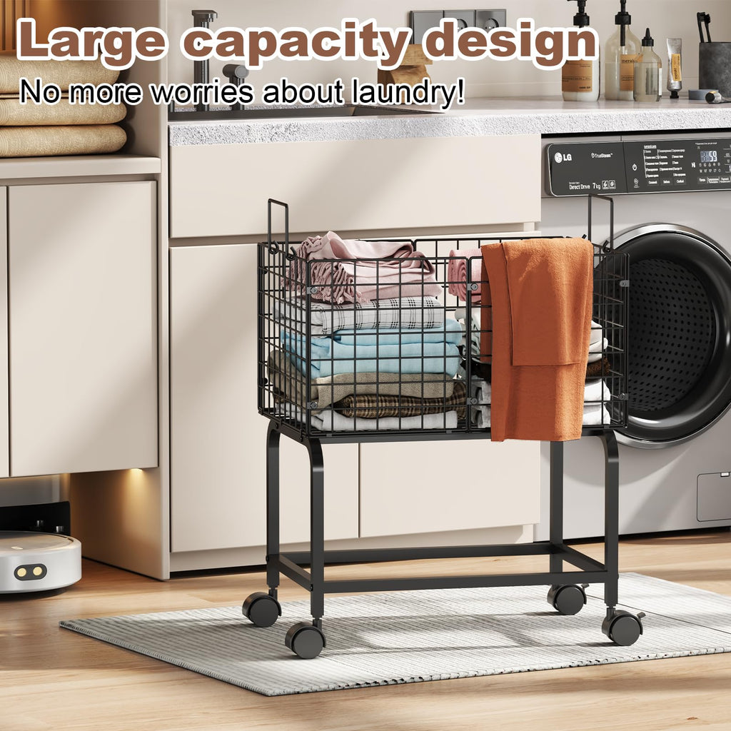Wire Laundry Hamper Cart,Rolling Laundry Carts with Pull Handle,Black Tall Laundry Basket,Commercial Wire Laundry