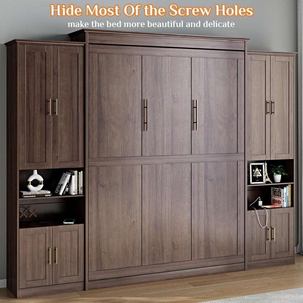Murphy Bed Queen with 2 Side Cabinet Storage Shelves, Queen Wall Bed Cabinet with USB Port, Wood Foldable Platform