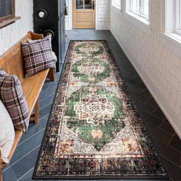 2x8 Runner Rug Green Boho Area Rugs for Hallway Indoor Laundry Room Bathroom Lightweight Non Slip Vi