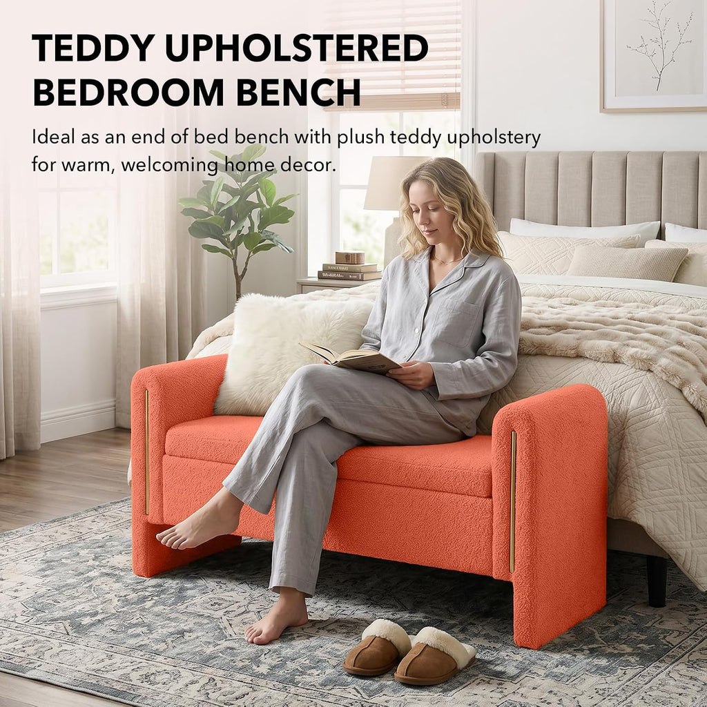 52" Flip-Top Storage Ottoman Bench, Teddy Entryway Bench (Orange) | Teddy Fleece Upholstered End of Bed Bench with
