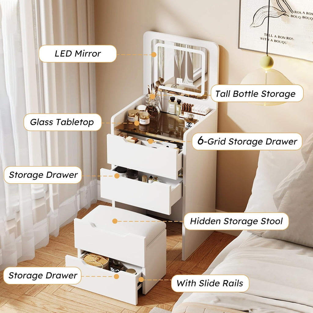 3 in 1 Vanity Desk with Plip Top Mirror, 18.9" D Small Makeup Vanity Set with Visible Glass Desktop, Compact Dressing