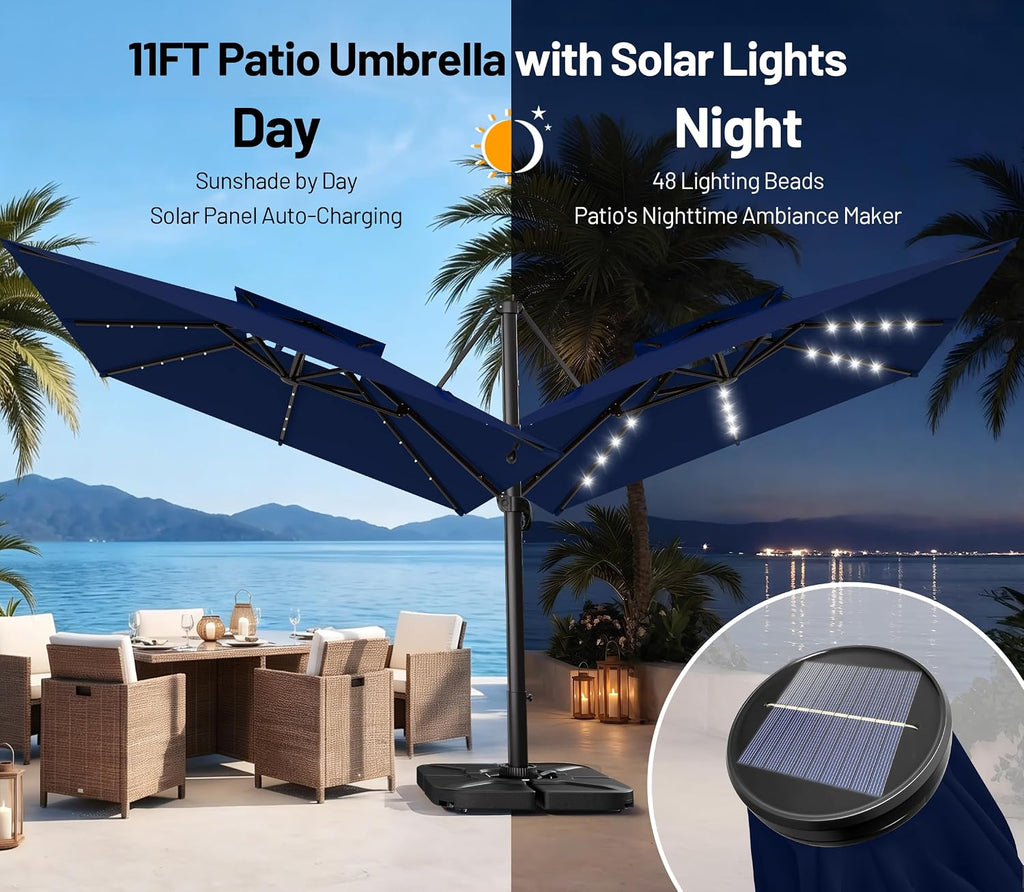 11×11FT Solar LED Cantilever Umbrella, Double-Top Outdoor Patio Offset with 360 Degree Rotation
