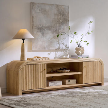 70" Modern Fluted TV Stand with Storage, Natural Oak