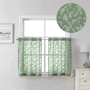 Leia Sage Green Valance Sheer Cafe Curtains 24 Inch Length 2 Packs, Bathroom/Basement/Kitchen Curtain Tiers Small - Set of 2