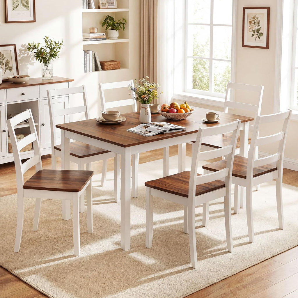 7-Piece Dining Table Set for 6, Rectangular 60-inches Kitchen Table and 6 Dining Chairs with Rubber Wood Legs