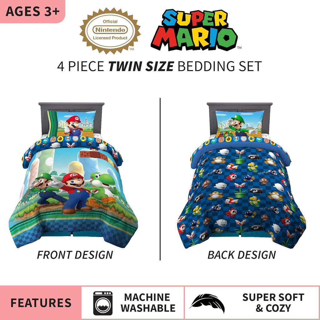Super Mario Kids Bedding, 4 Piece Super Soft Cozy Reversible Comforter and Sheet Set, (Officially Licensed Product)