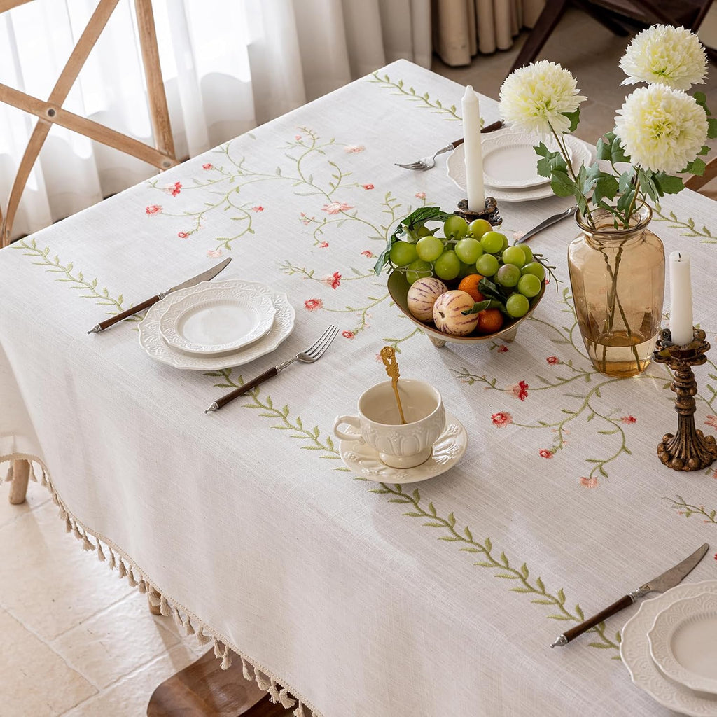 Linen Spring Flowers Tablecloth with Tassels, Rustic Farmhouse Embroidery Waterproof Table Cloths fo