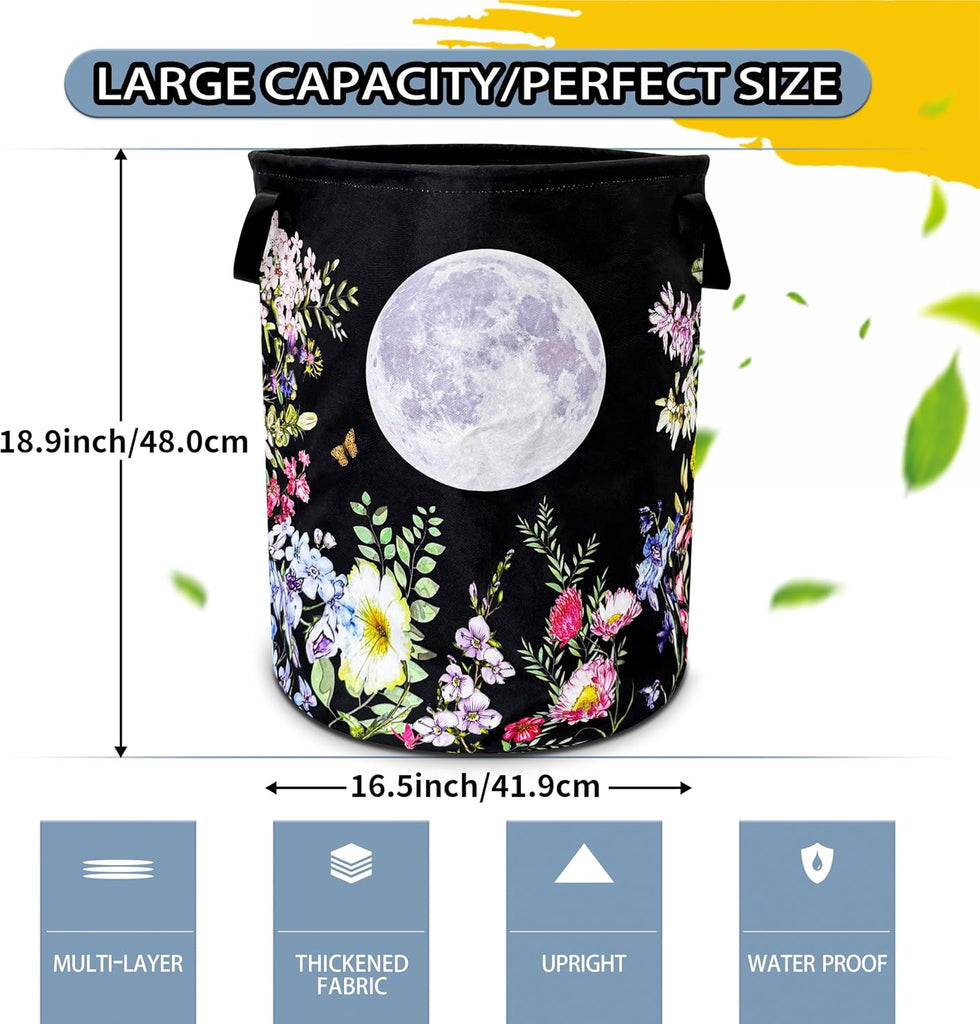 Full Moon Flowers Laundry Basket Foldable Waterproof Hamper 18.9x16.5 Inch | Oxford Cloth With Reinforced Handles