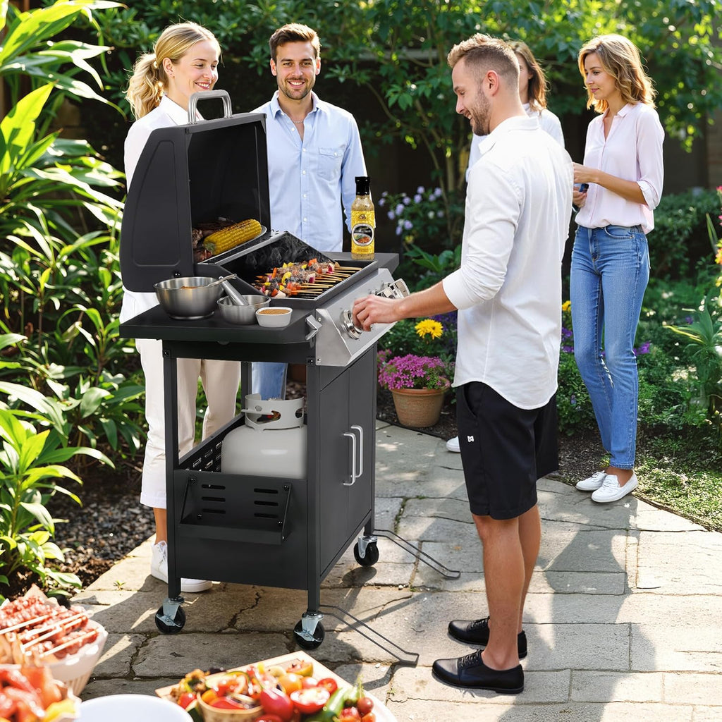 4-Burner Propane Gas Grill, 40,000 BTU Stainless Steel BBQ Grill with Foldable Side Tables, Spice Rack & Wheels (Black)
